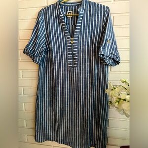 Linen Vertical striped blue and white cuff sleeved Ann Klein classic shift.